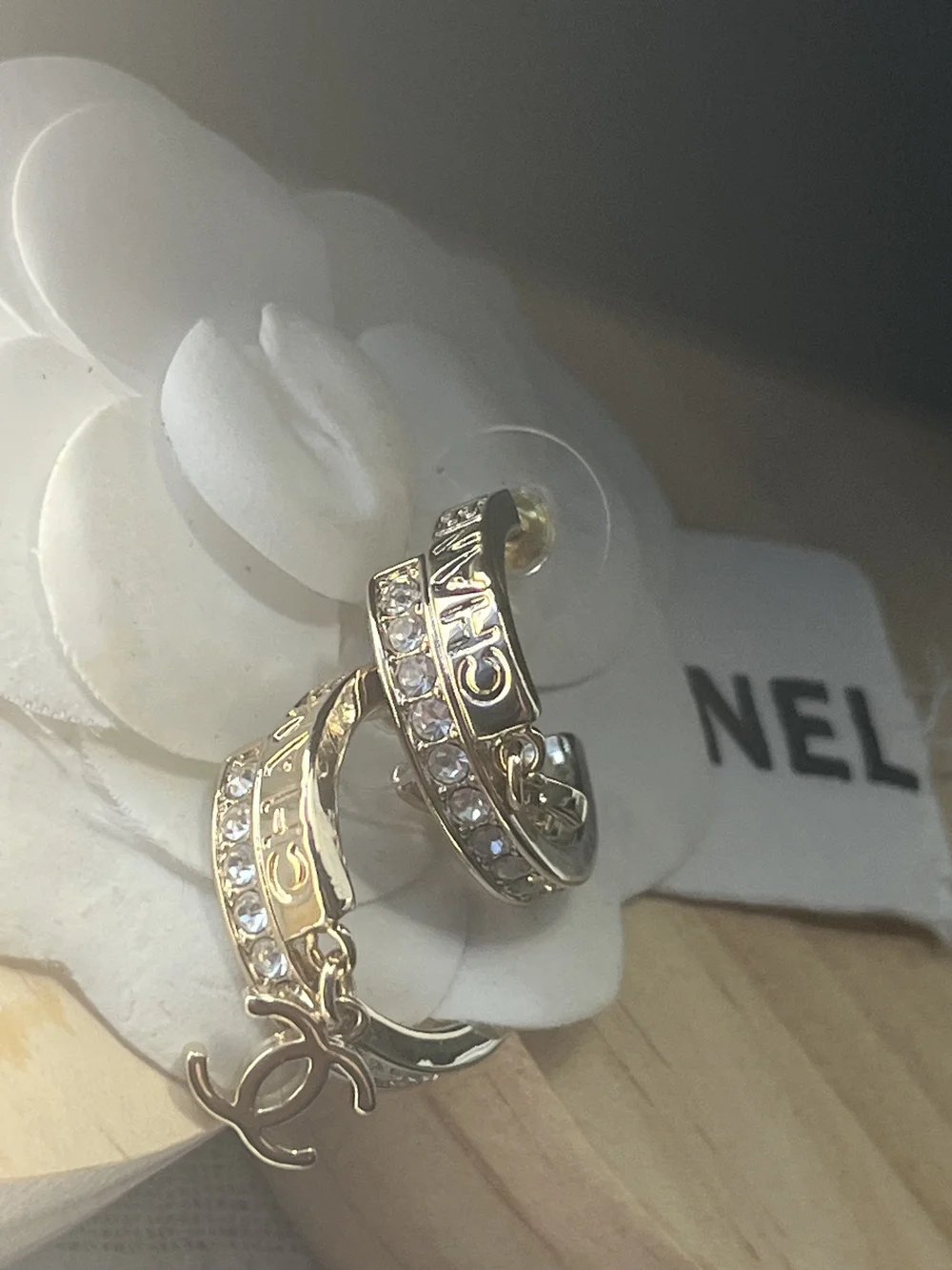 Authentic CHANEL Gold-Tone Crystal Small Hoop Earrings